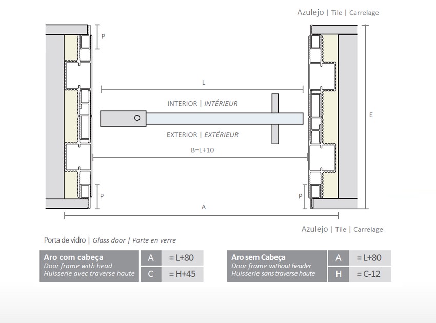 Batente DESIGN com extensão para porta pivotante de vidro GS DOORS – desenho técnico
